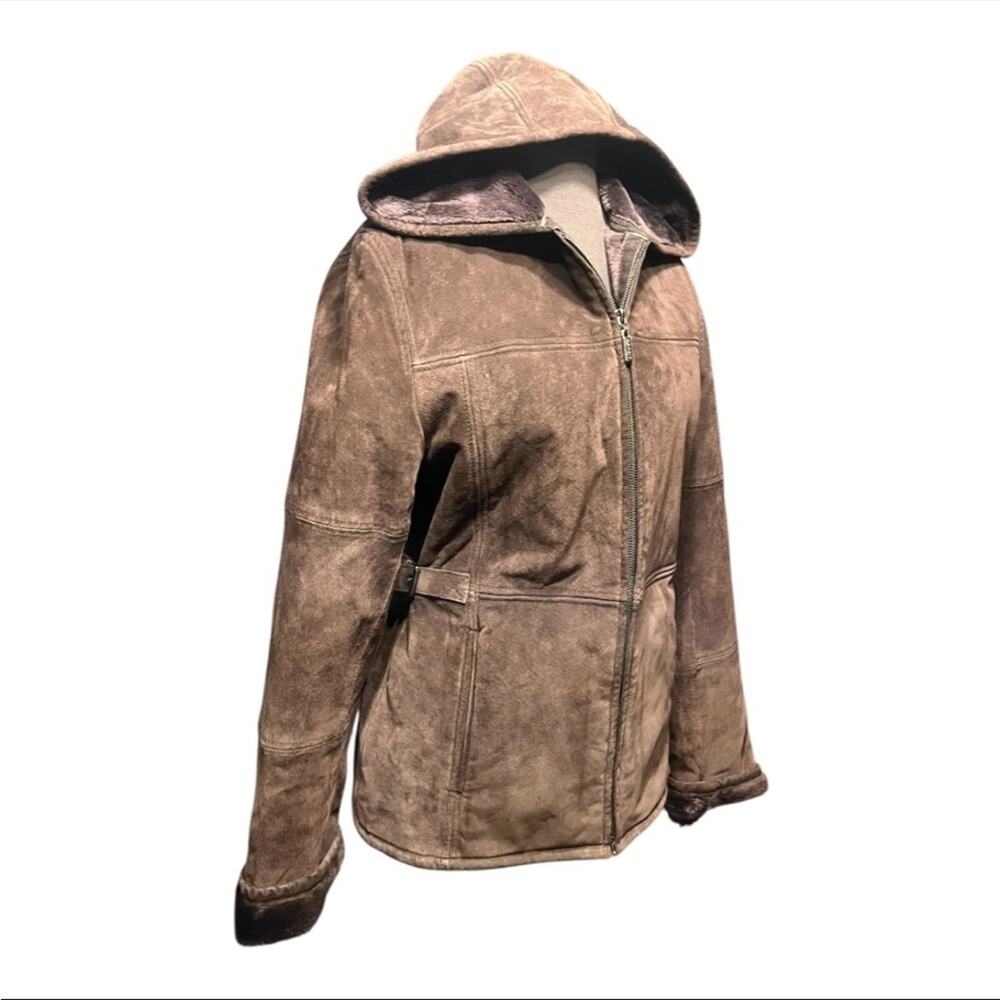 Vtg 90s Espirit Suede Fur Lined Hooded Boho Snowbunny Gorpcore Leather Coat S